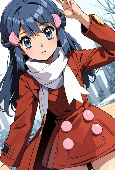 anime girl in a red coat and white scarf with a pink earphone