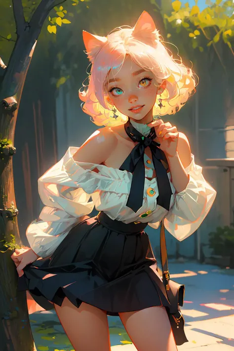 (best quality, masterpiece:1.3), 1girl, standing, upper body, cat ear, paw pose, curly hair, fang, off shoulder, heterochromia, smile, bent over, freckles, blush, skirt, large breasts, kneehighs, looking at viewer,