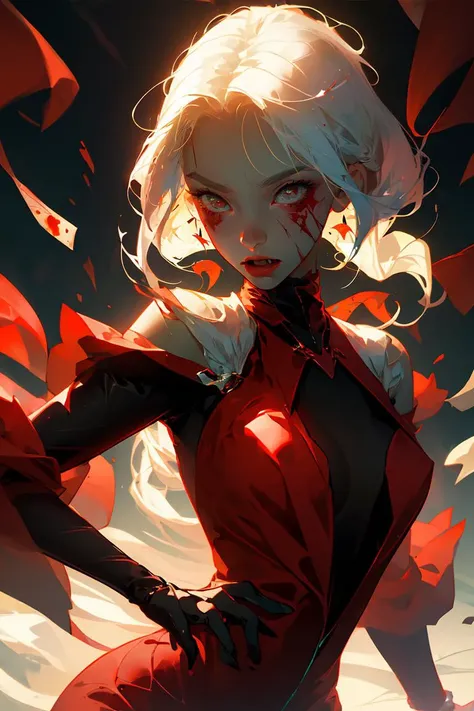 (best quality, masterpiece), 1girl, blood splatter, red light, upper body, suit, looking at viewer, vampire, fang, pose