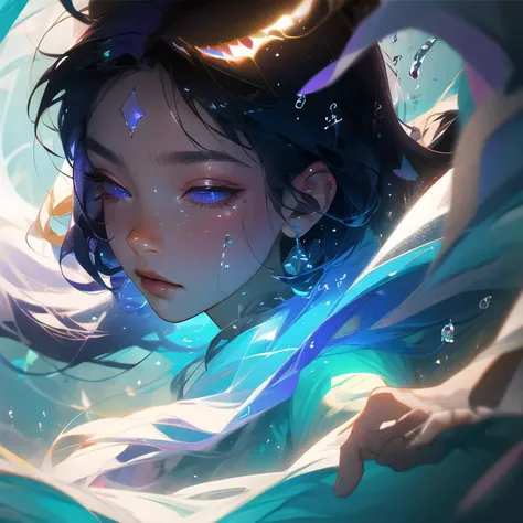 masterpiece, best quality, highres, extremely detailed, clear background, ultra-detailed unity 8k wallpaper, (portrait), purple ,blue,black,
Girl swims underwater,blackhair,Sparkling earrings,close eyes, Colorful reflections and details,Highly saturated li...