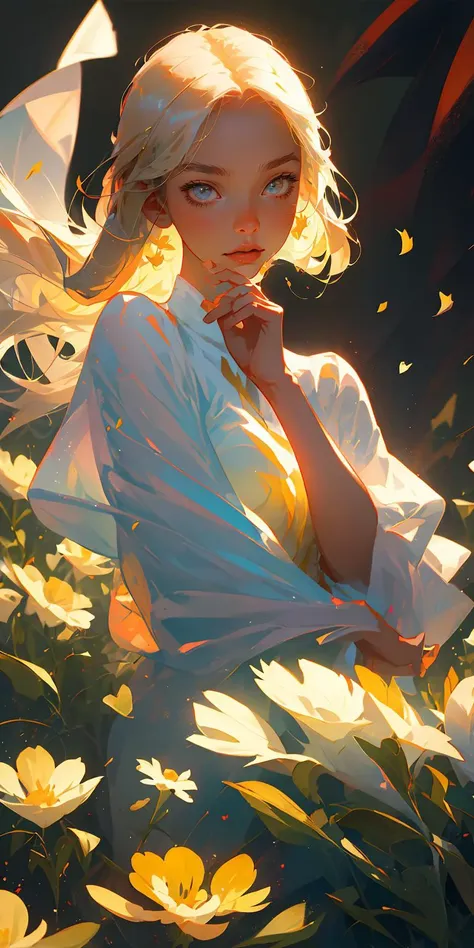 a woman in a white shirt is surrounded by flowers