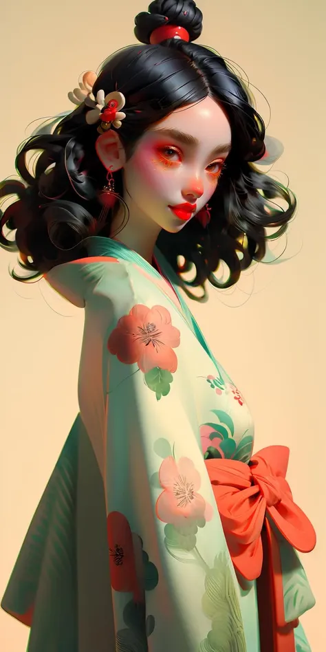 a close up of a woman with a flowered dress and red lipstick