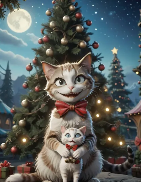 a close up of a cat and a kitten near a christmas tree