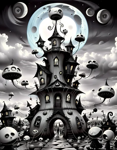 monochrome (pencil scektch:1.1),In a Tim Burton-inspired dreamscape, houses float in the sky, tethered to the ground by strings made of candy. Within these houses, inhabitants with hats resembling Möbius strips and coats embroidered with labyrinthine geome...