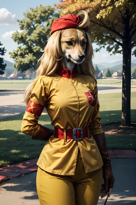 sgtofera, furry anthro, dog girl, red hat, yellow jacket, armband, red belt, yellow pants, brown gloves, solo, looking at viewer, serious, half-lidded eyes, arm behind back,
outside, park, season change, summer to fall, sunny, beautiful quality, hdr, extre...