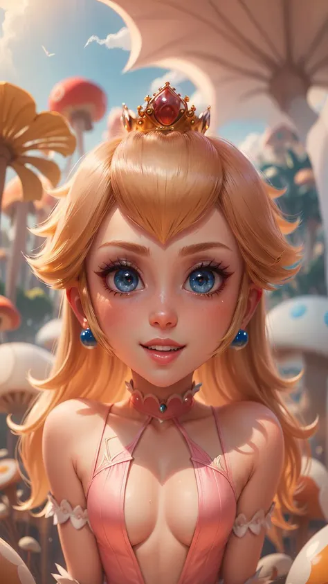 highres,masterpiece,perfect ligthing,bloom,cinematic lighting,adult,perfect skin,female,from side,cowboy shot,smile,narrow waist,skinny,<lora:PrincessPeachMovie:0.6>,(PrincessPeach),(Princess Peach),(Pink Dress:1.2),choker,detailled eyes,blue eyes,choker,s...