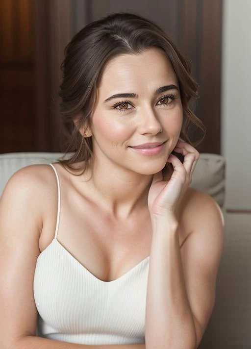 a close up of a woman sitting on a couch with a hand on her chin