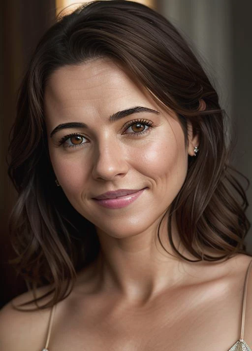 a woman with long brown hair and a white top