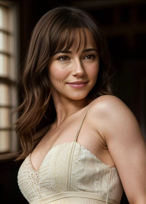 a close up of a woman in a white dress posing for a picture