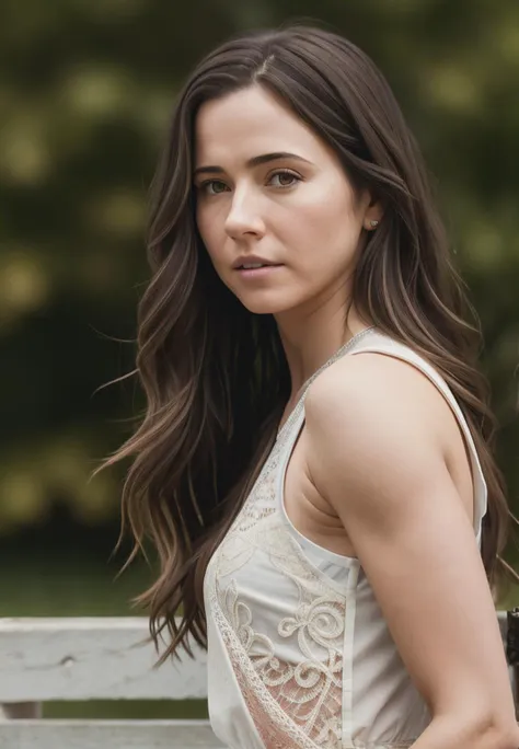 araffe woman with long hair and a white top standing on a bench