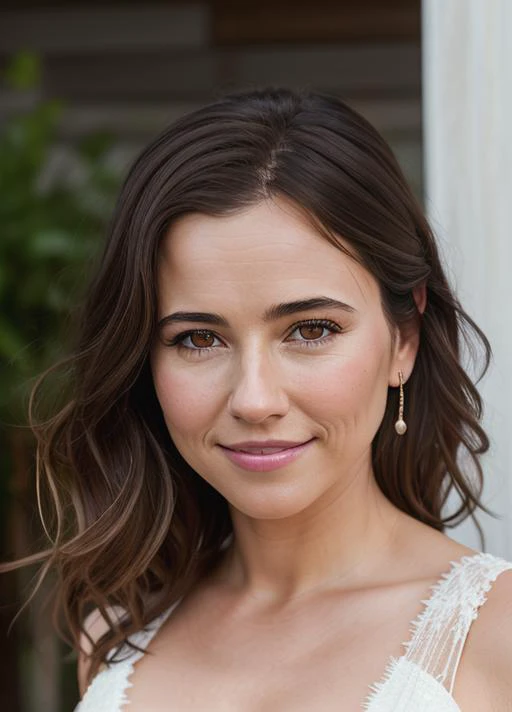 a woman with a white dress and earrings posing for a picture