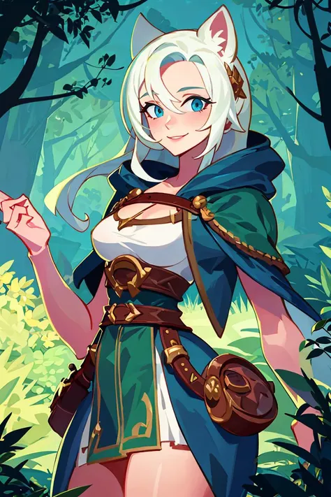 a woman in a blue dress and a cat ears is standing in the woods