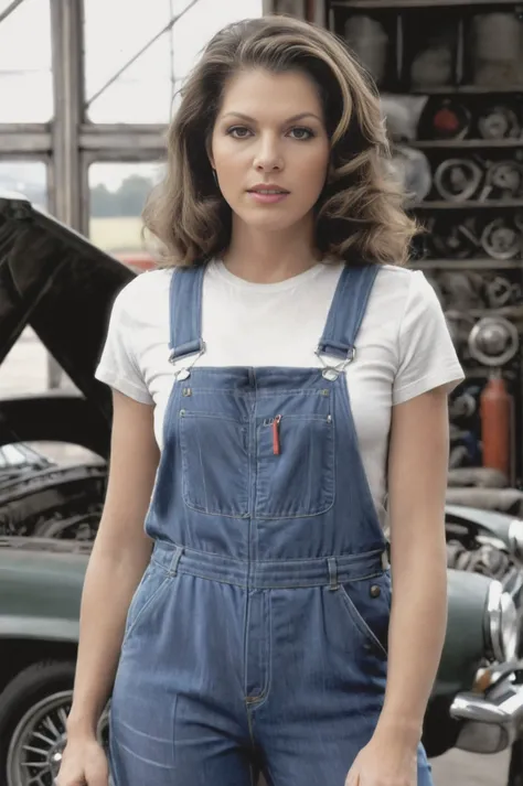 Photorealism <lora:LoisChilesSDXL-000008:1>, LoisChilesSDXL in overalls in a car mechanics shop, Photorealism, often for highly detailed representation, photographic accuracy, or visual illusion.