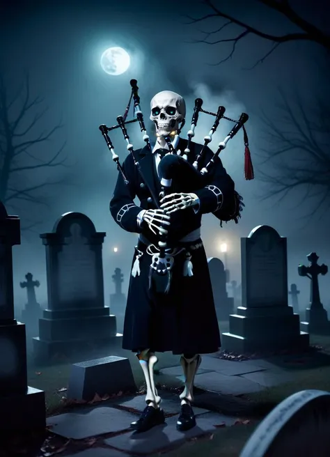 <lora:Bagpipes_-_Instrument_SDXL:0.8> skeleton playing bgpps, skeleton with bagpipes on the graveyard, glowing eyes, at night, spooky, foggy, atmospheric,