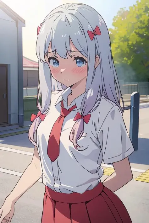 best quality, (masterpiece:1.2), white collared shirt, short shirt, red skirt, red necktie, highly detailed, anime style, small breasts, (outdoor background:1.3), izumi sagiri, blush, blue eyes, japan, hair bow,