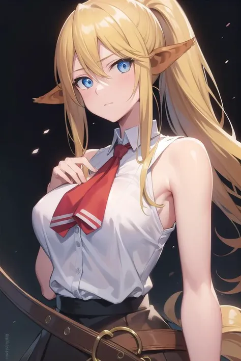 anime girl with long blonde hair and blue eyes in a white shirt