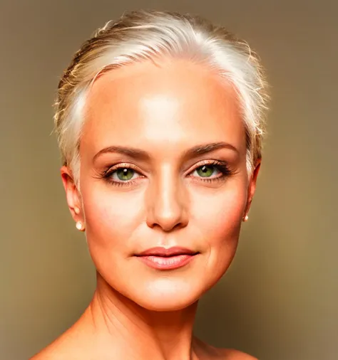 a close up of a woman with a short blond hair