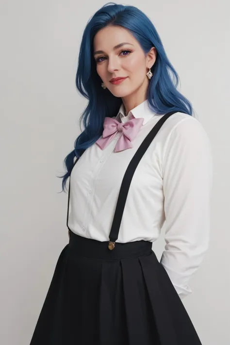 a woman with blue hair wearing a white shirt and black suspenders