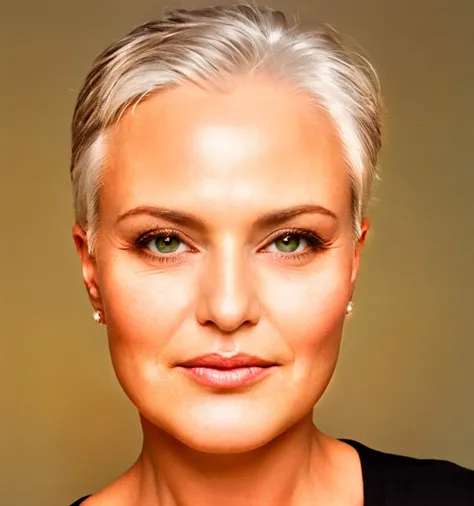 a close up of a woman with a short white hair