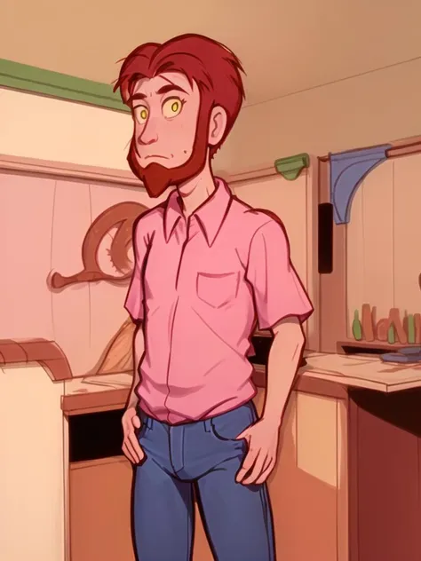 <lora:mission hill - jim kuback - 1999:1> mh_jim, 1boy, unibrow, red_hair, red_beard, pink_buttondown_shirt, mac_shirt, jeans, y...