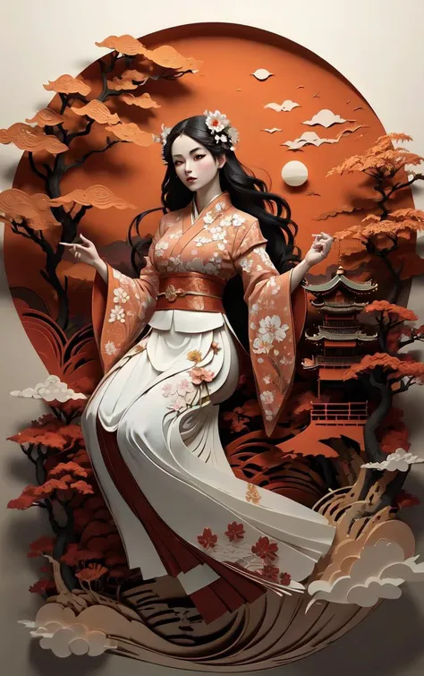 (masterpiece, best quality:1.4), insaneres, absurdres, solo, looking at viewer,BREAK 
LoConARTSTYLE_Paper_Kirigami_ownwaifu, art_nouveau, kirigami, fine art, 
1girl, solo, flower, tree, long hair, black hair, hair ornament, dress, cherry blossoms,  long sl...