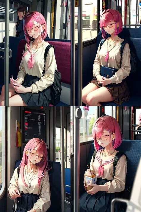 there are four pictures of a woman with pink hair on a bus