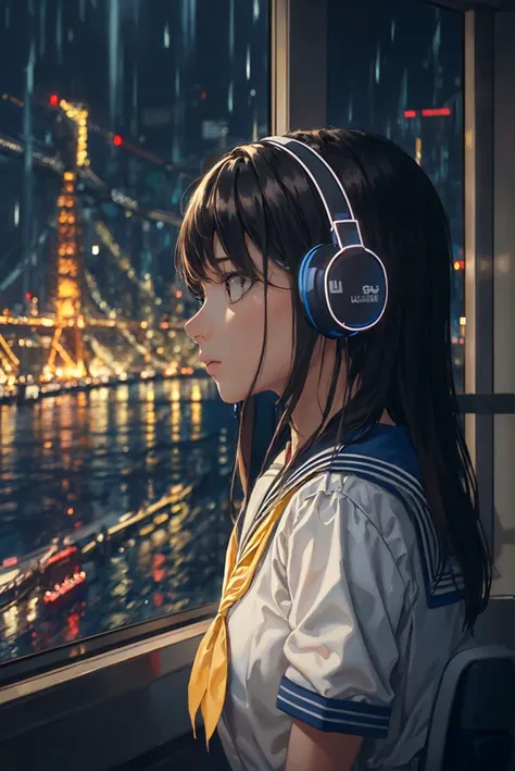 anime girl with headphones looking out of window at city