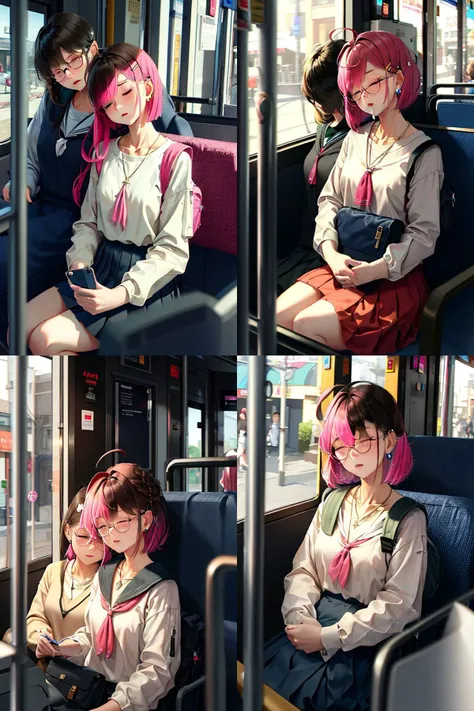 there are four pictures of a woman with pink hair sitting on a bus