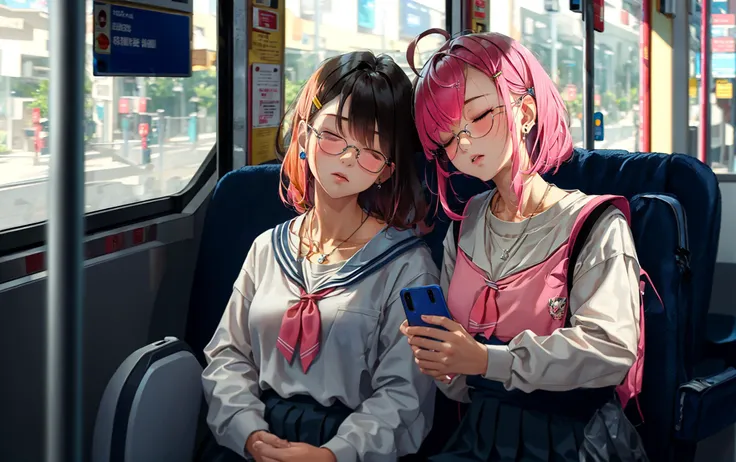 two women in sailor costumes sitting on a bus looking at a cell phone