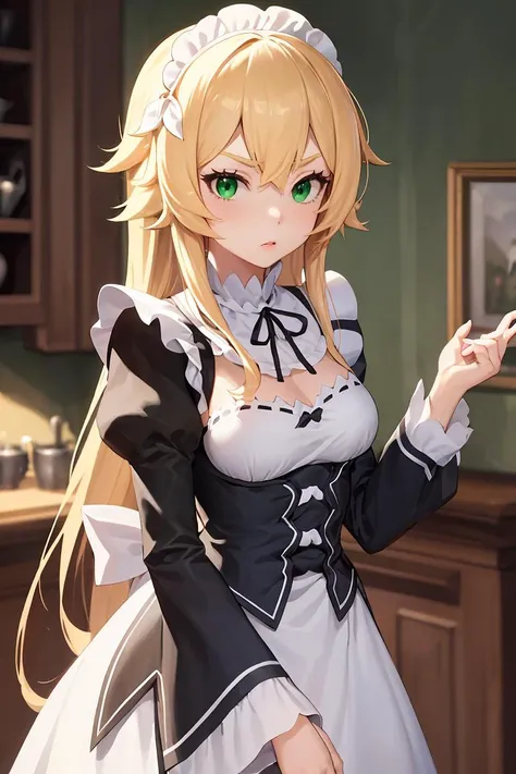 (masterpiece, best quality), 1girl,  <lora:fredericabaumann-lora-nochekaiser:1> frederica baumann, long hair, bangs, hair between eyes, (green eyes:1.5), long sleeves, dress, ribbon, frills, puffy sleeves, apron, black dress, maid, maid headdress, black ri...