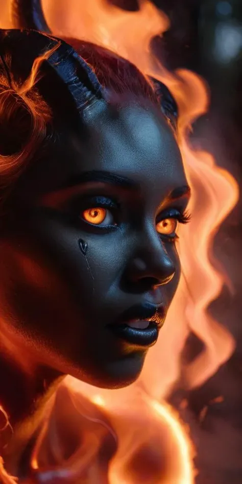 a woman with black makeup and flames in the background