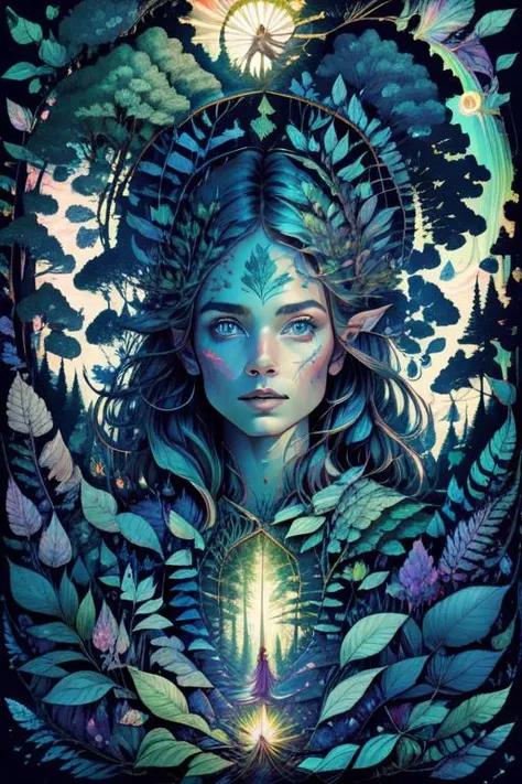 1girl in a mythical forest, masterpiece, perfect face, intricate details <lora:PE_EpicLand:1> peepicland, illustration, psychedelic