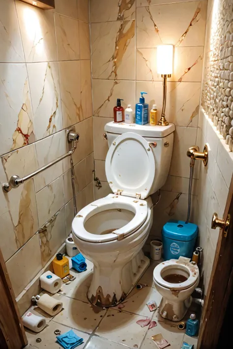 there is a toilet in a bathroom with a lot of trash on the floor