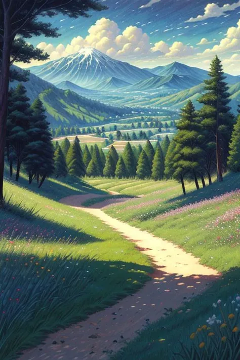 A landscape painting in the style of Impressionism of a winding dirt path leading into a lush green mountain valley. In the distance, there are snow-capped mountains, studio ghibli,
BREAK (masterpiece, best quality:1.2), outdoors, nature, forest, pines, gr...