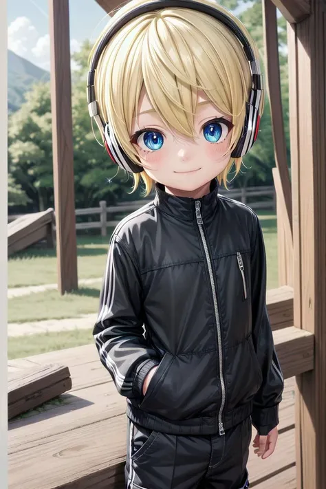 anime boy with headphones standing on a porch in front of a wooden structure