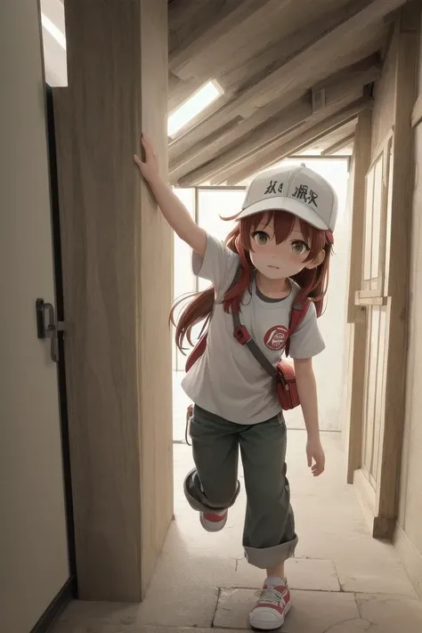 anime girl with red hair and a white hat is walking down a hallway