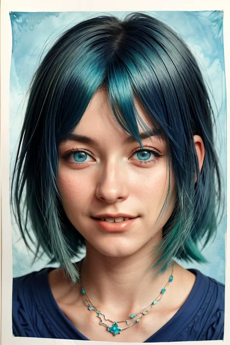 (cyanotype style, blue, photographic print, vintage, detailed:1.15), <lora:sd15_PatiTonin_locon_24_v1:.9> PatiTonin, focus on eyes, close up on face, smile, wearing jewelry, marbled green color hair styled as blunt shag hair,