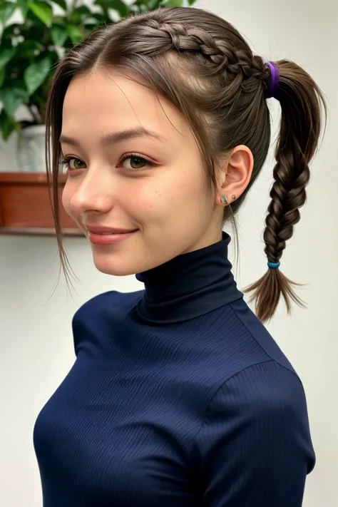 close range of photo of <lora:sd15_PatiTonin_locon_24_v1:.9> PatiTonin, focus on smiling face, wearing a turtleneck , her hair is styled as fishtail braid ponytail,