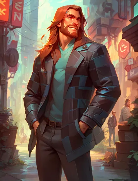 score_9, score_8_up, score_7_up, man in checkered suit, long beard, smile, hands in pockets, cyberpunk scenery <lora:trianglepon...