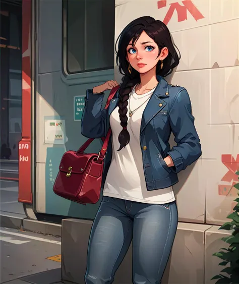 score_9, score_8_up, score_7_up, woman standing against wall, long black braid, blue jacket, jeans, shoulder bag, metro <lora:KureyonPony:0.7> <lora:BanashiPony:0.4> <lora:FurutsuHentaiPony:0.4>