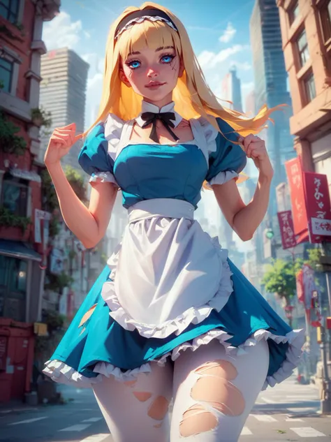 score_9, score_8_up, score_7_up, score_6_up, 1girl, solo, sexy, alice in wonderland, alice liddell, android girl, naughty face, blue eyes, flustered, torn clothes, blue dress, white apron, black hairband, thick thighs, cinematic, white pantyhose, outdoors...