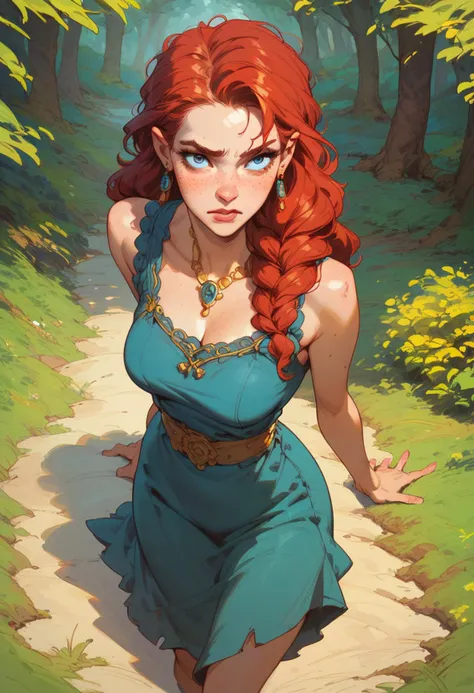 score_9, score_8_up, score_7_up, 1girl,Goldshire peasant girl, ragged roughspun dress, cheap dress, peasant clothes, from above, depth of focus, Goldshire forest background,((pack of hungry gnolls)), red hair, deep blue eyes, freckles, in motion, clutching...