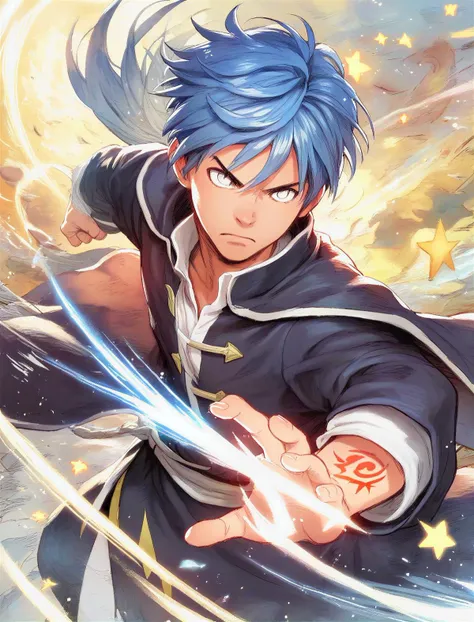 score_9, score_8_up, score_7_up, 1boy, battle mage, blue hair, black robe, command spell, light particles, fighting stance, star (symbol), white eyes <lora:ShinbonPony:1>
