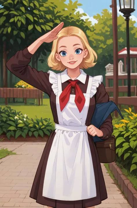 1girl,blonde,(solo:1.5),( one arm salute:1.2),outdoors
white apron,brown dress,long sleeves,red neckchief,cccpuniform,
 <lora:è...