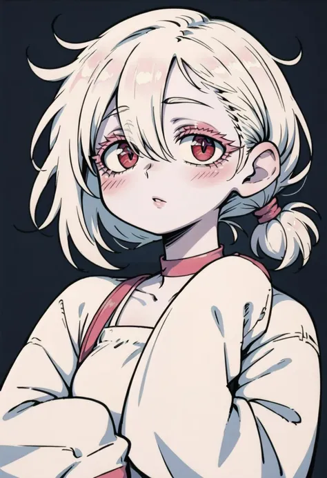 anime girl with white hair and pink eyes and a white shirt