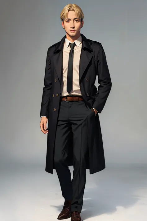 (masterpiece, best quality:1.2), solo, male focus, 1boy, kishibe, expressionless, looking at viewer, hand in pocket, stitches, formal, black coat, collared shirt, necktie, black pants, belt <lora:csm_kishibe:1.0>