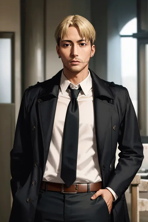 (masterpiece, best quality:1.2), solo, male focus, 1boy, kishibe, expressionless, looking at viewer, hand in pocket, stitches, formal, black coat, collared shirt, necktie, black pants, belt <lora:csm_kishibe:1.0>