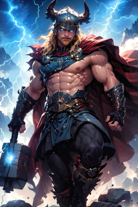 a man in armor with a hammer and lightning in the background