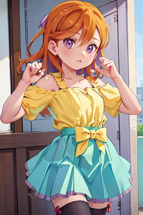 (masterpiece, best quality), 1girl,   <lora:shibuya_kanon:1>  cckanon,purple eyes,long hair,bangs,hair between eyes,hair bow,yellow shirt,off shoulder,short sleeves,(blue skirt:1.2),frilled skirt,white thighhighs,(red high heels:1.2)