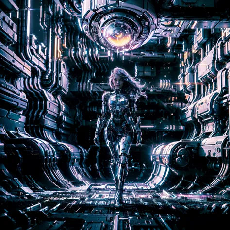 a woman in a futuristic space station with a spaceship in the background